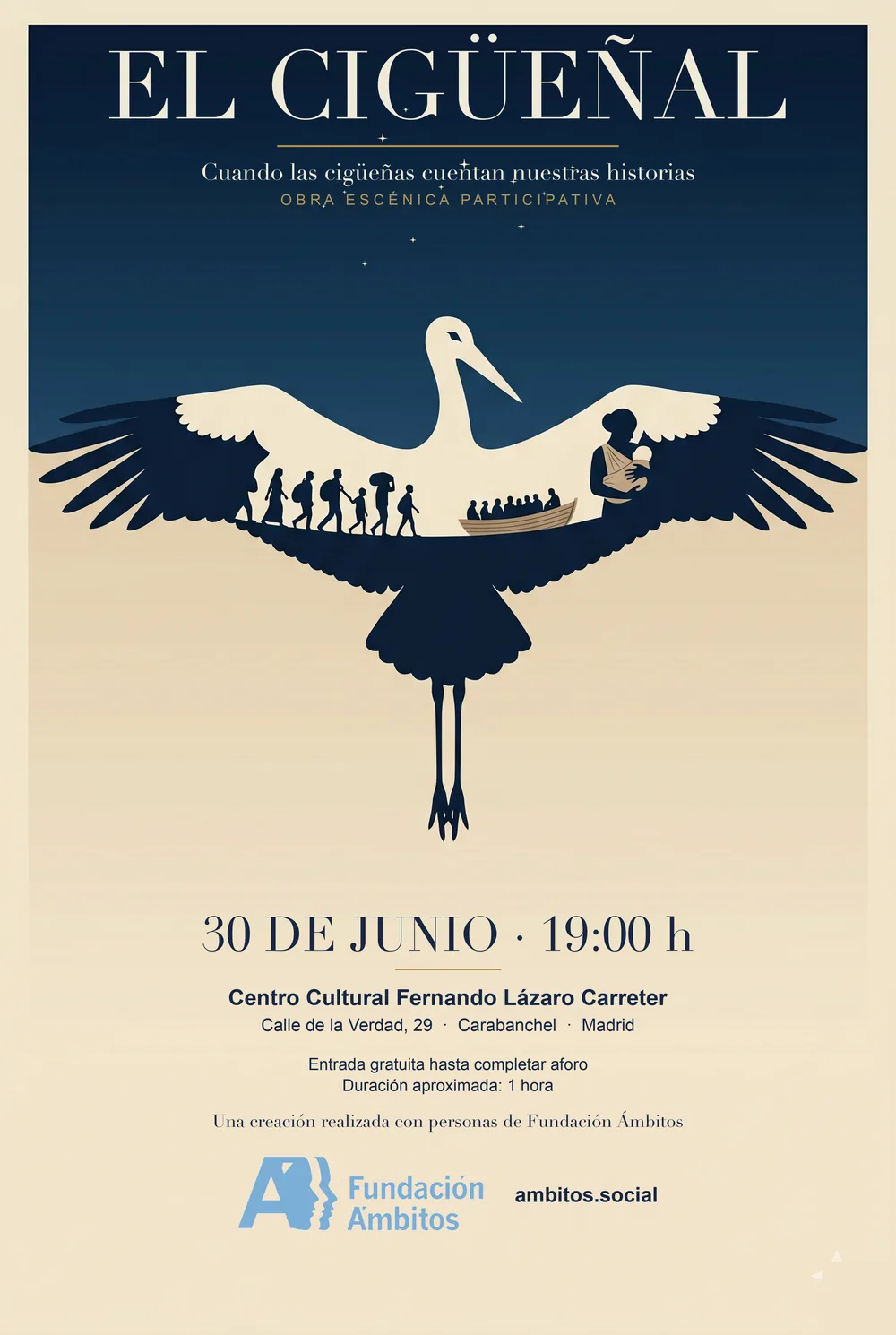 Cartel de El Cigüeñal, con una cigüeña que sostiene sobre sus alas a personas viajeras y una barca